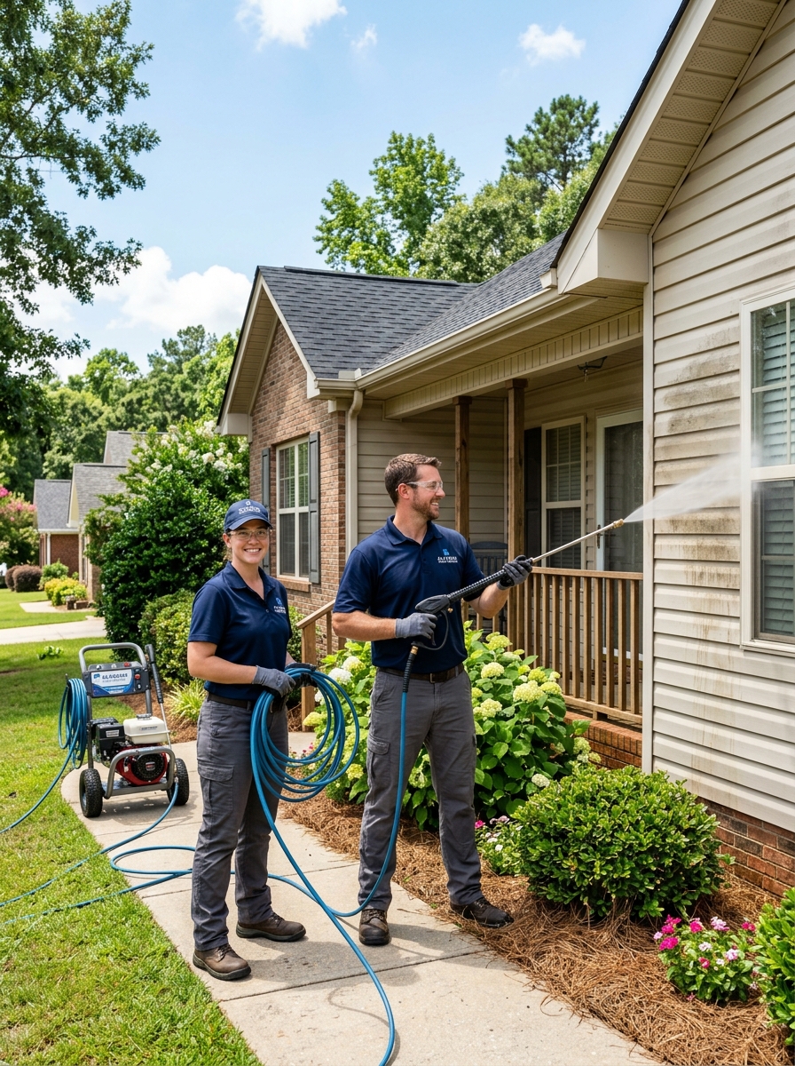 Pressure washing team working on a residential property in Baldwin County, Alabama