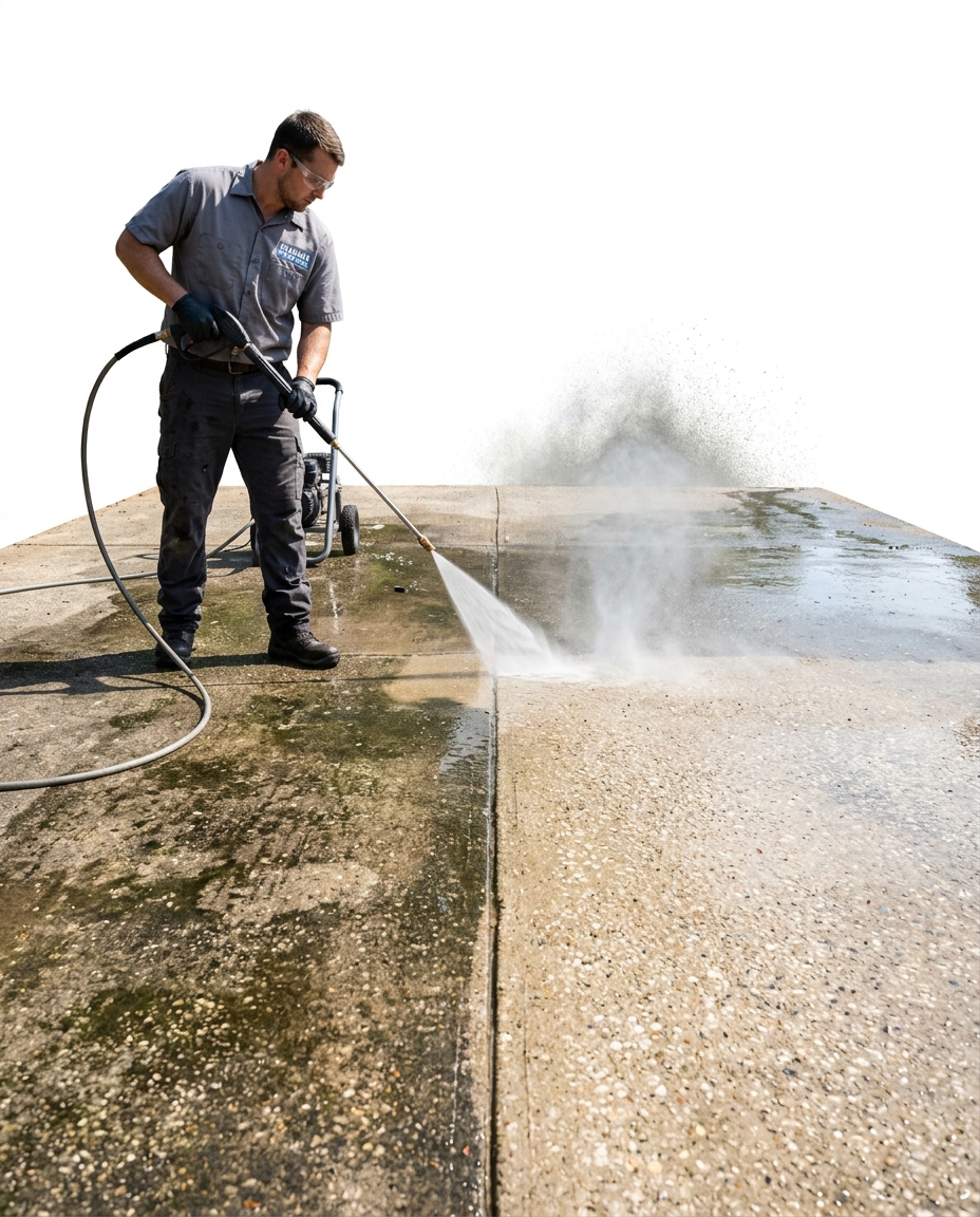 Pressure washing a concrete driveway in Foley, Alabama — dramatic clean line visible