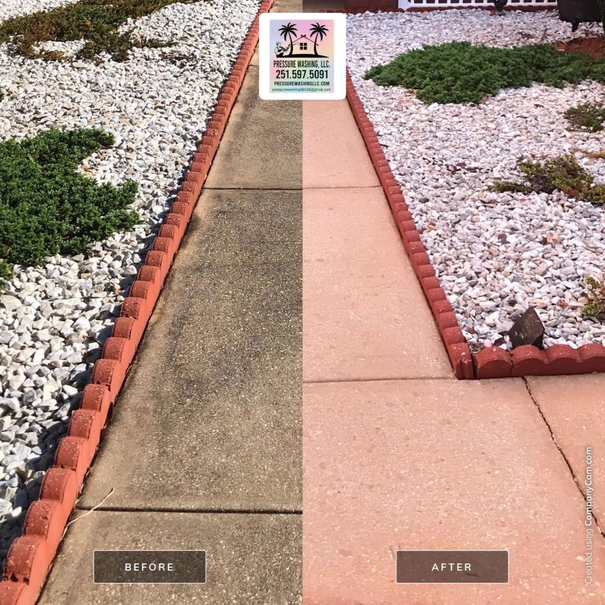 Before and after walkway and sidewalk pressure washing with white rocks
