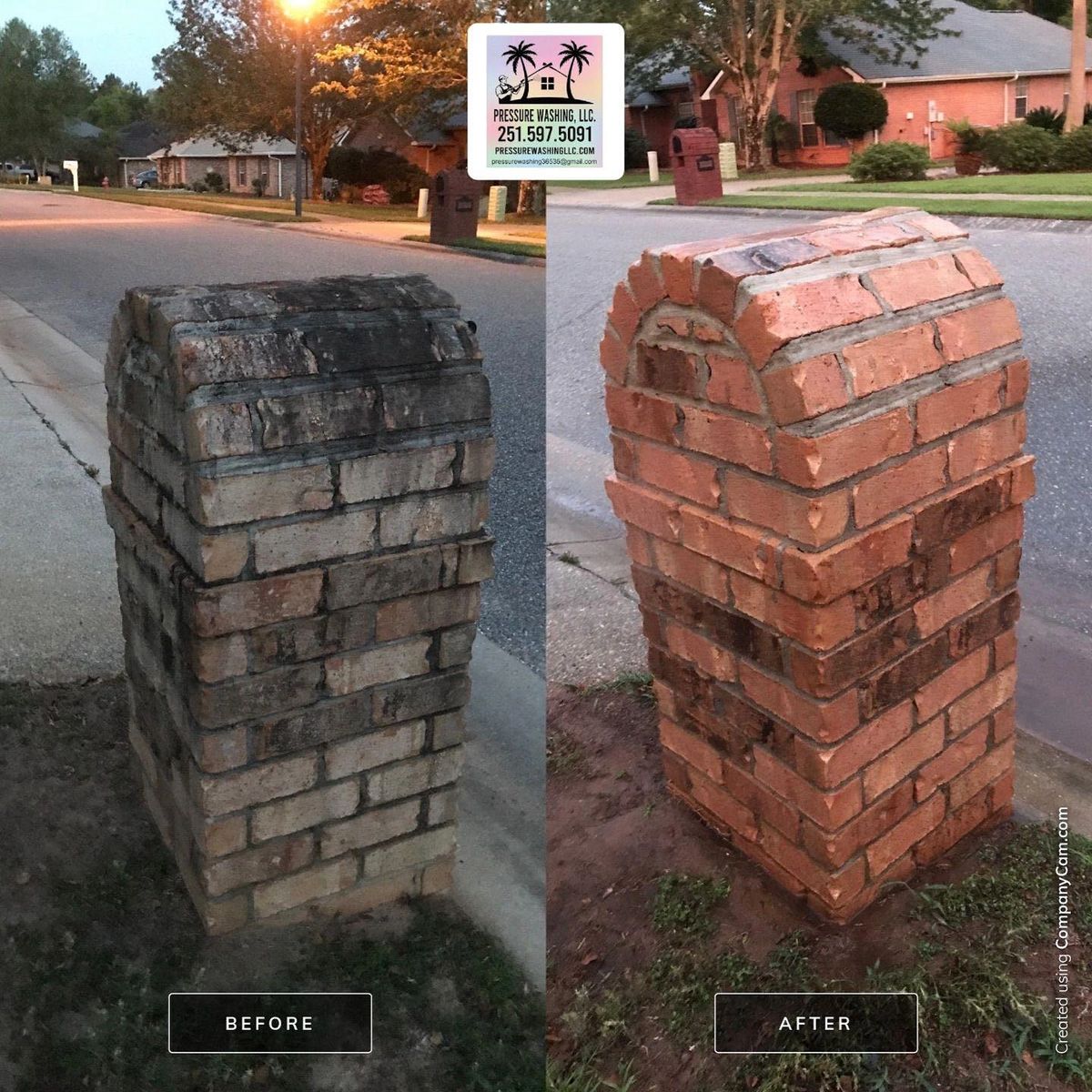 Before and after brick mailbox pressure washing — restored to original color