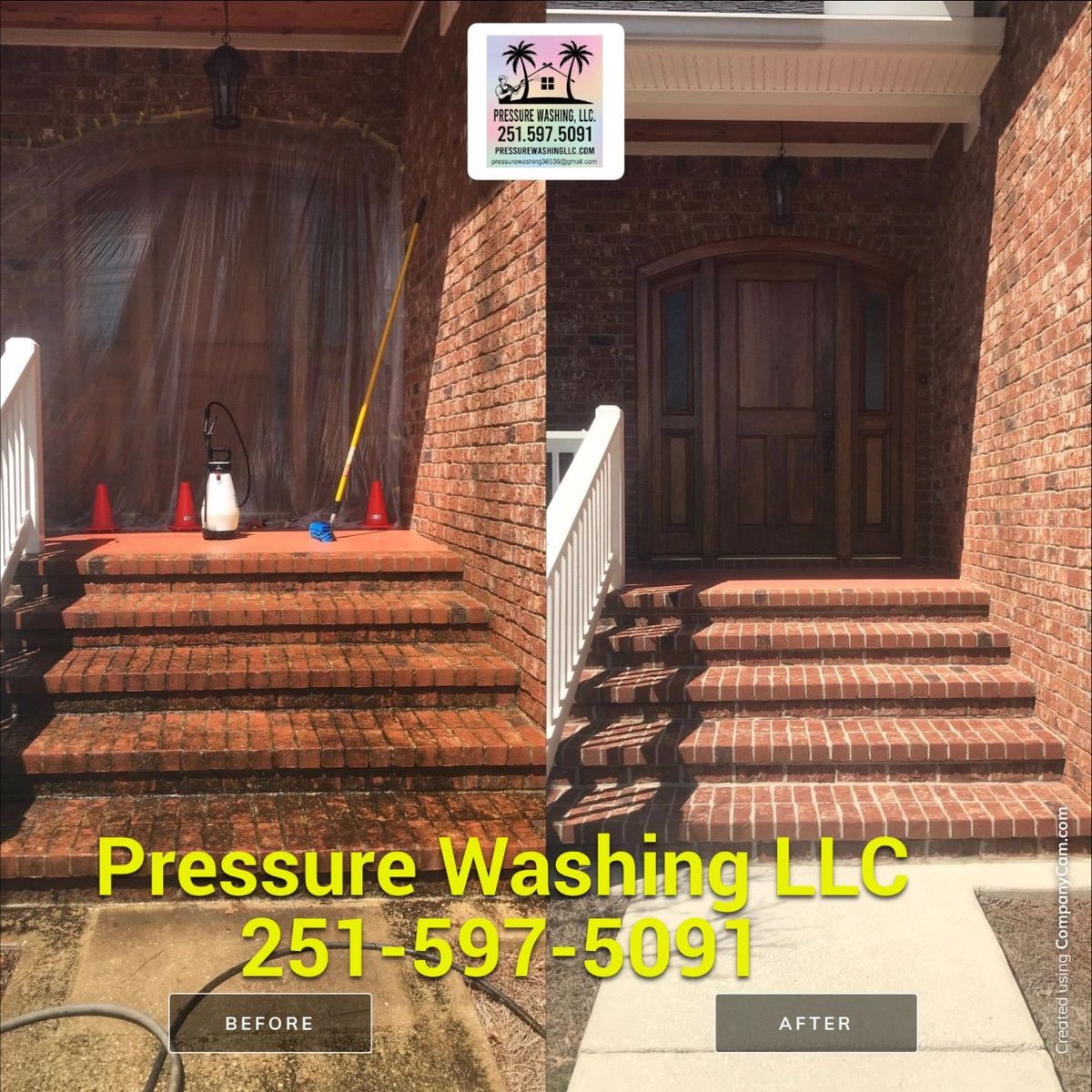 Before and after brick steps and entrance pressure washing — dirt and grime removed