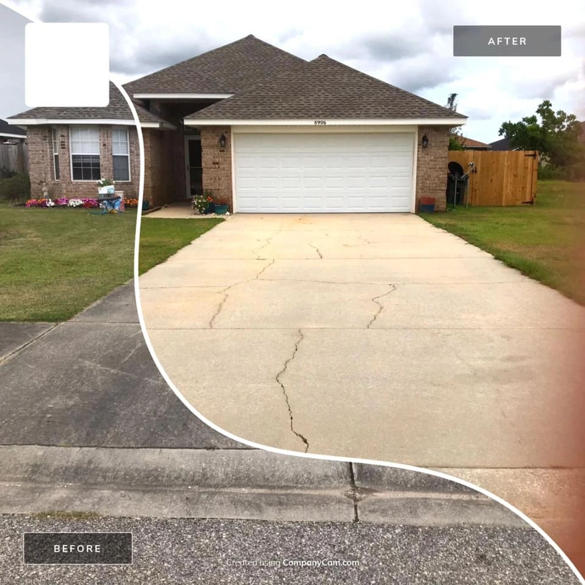 Before and after driveway pressure washing — full house view showing dramatic clean driveway