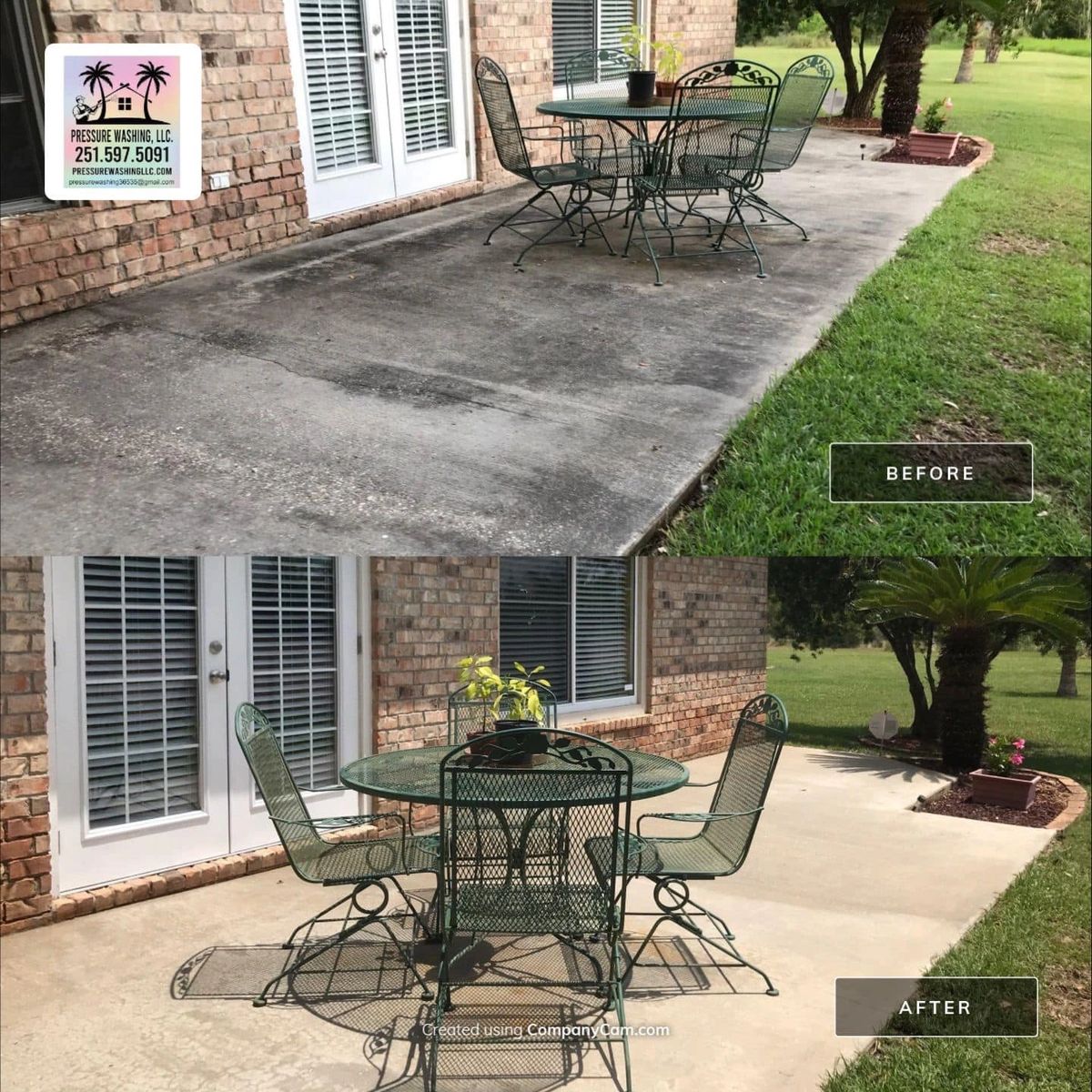 Before and after patio pressure washing — outdoor furniture area cleaned